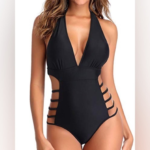 NEW Tempt Me Women Sexy One Piece Plunge V Neck Halter Cutout Monokini - medium  - Picture 2 of 11